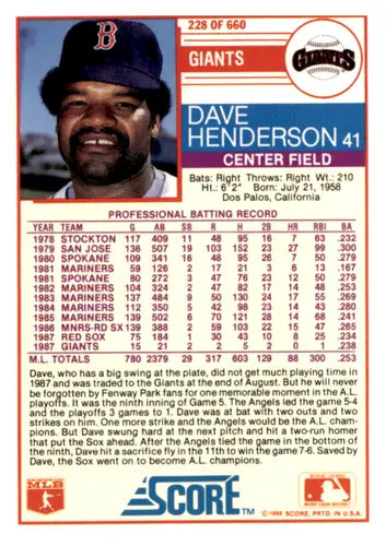 1988 Score #228 Dave Henderson EX/NM Giants ID:66736 - Baseball Card Single