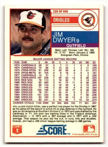 Original gloss Jim Dwyer Baltimore Orioles baseball card from 1988 Score #229