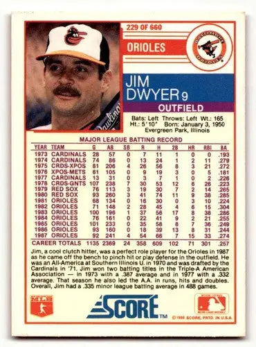 Original gloss Jim Dwyer Baltimore Orioles baseball card, 1988 Score #229 in excellent condition