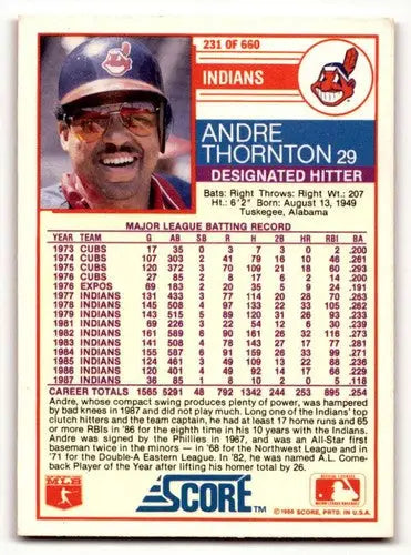 1988 Score #231 Andre Thornton Cleveland Indians Baseball Cards EX/N ID:58391 - Baseball Card Single