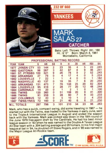 1988 Score #232 Mark Salas EX/NM Yankees ID:66737 - Baseball Card Single