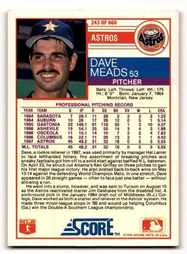 1988 Score Dave Meads Houston Astros baseball card in excellent condition