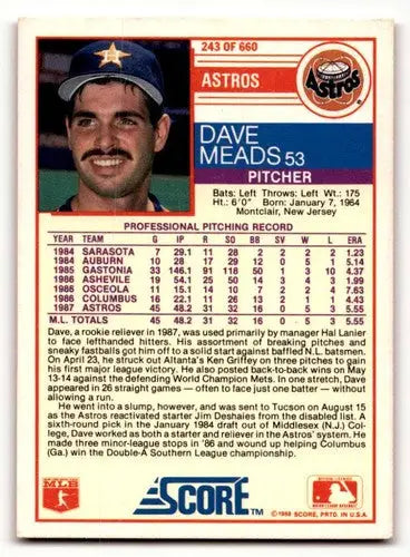 Original gloss Dave Meads Houston baseball card from 1988 Score #243 Meads Houston Astros