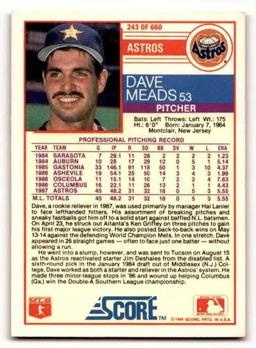 1988 Score Dave Meads Houston Astros baseball card with original gloss, Meads Houston Astros memorabilia