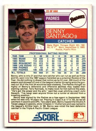 Original gloss Benny Santiago San Diego Padres baseball card from 1988 Score #25