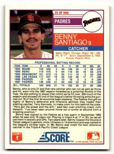 Original gloss Benny Santiago baseball card San Diego Padres Santiago San Diego card collectible