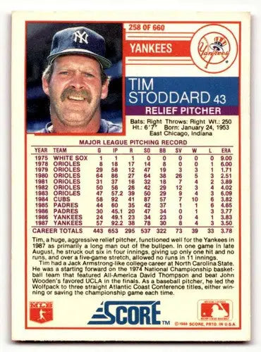1988 Score #258 Tim Stoddard New York Yankees Baseball Cards EX/NM ID:58473 - Baseball Card Single