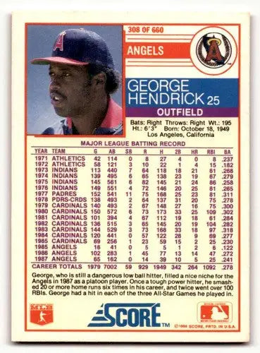 Original gloss 1988 Score George Hendrick California Angels baseball card front