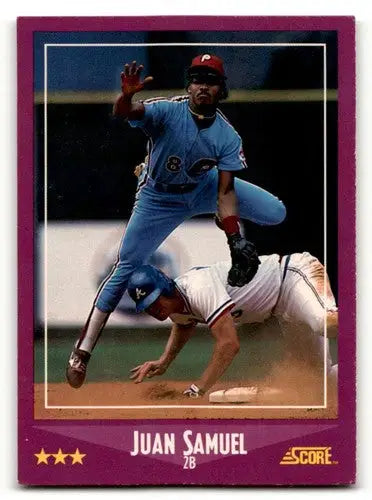 Original gloss Juan Samuel Phillies baseball card from 1988 Score #32