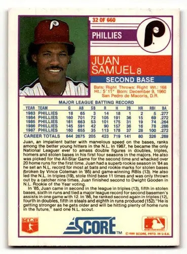 Original gloss Juan Samuel Phillies baseball card from 1988 Score #32
