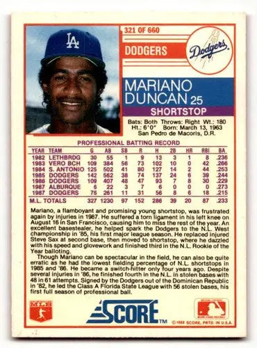 1988 Score #321 Mariano Duncan Los Angeles Dodgers Baseball Cards EX ID:54910 - Baseball Card Single