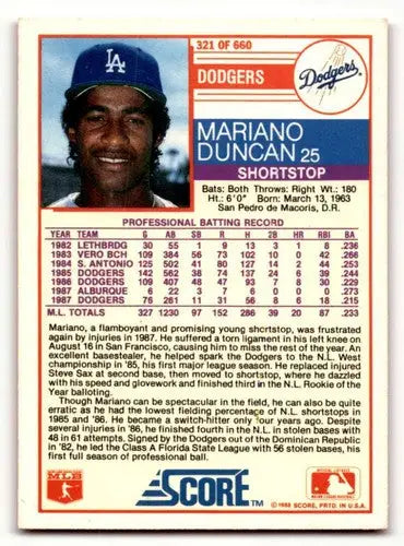 Original gloss Mariano Duncan Los Angeles Dodgers baseball card 1988 Score #321