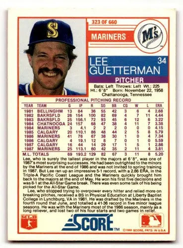 1988 Score #323 Lee Guetterman Seattle Mariners Baseball Cards EX/NM ID:58477 - Baseball Card Single