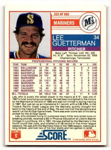 1988 Score Lee Guetterman Seattle Mariners baseball card, EX/NM condition