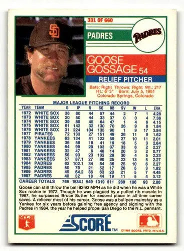 1988 Score #331 Goose Gossage San Diego Padres Baseball Cards EX/NM ID:58482