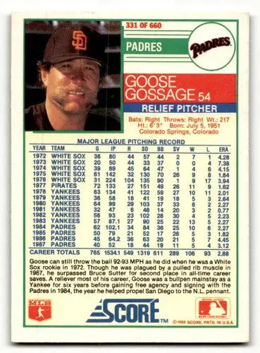 Original gloss Goose Gossage San Diego Padres baseball card 1988 Score #331