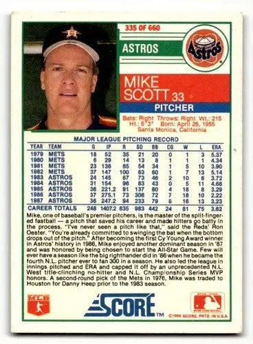 1988 Score #335 Mike Scott Houston Astros Baseball Cards EX/NM ID:54921 - Baseball Card Single