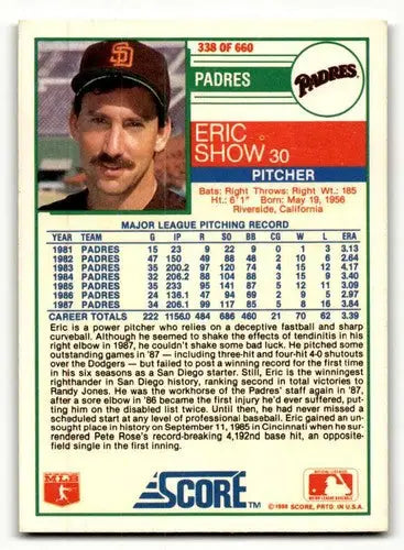 1988 Score #338 Eric Show San Diego Padres Baseball Cards EX/NM ID:54941 - Baseball Card Single