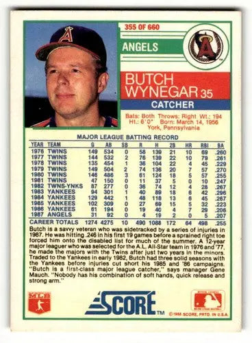 Original gloss Butch Wynegar baseball card featuring California Angels from 1988 Score series
