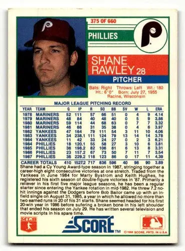 Original gloss Shane Rawley Philadelphia baseball card from 1988 Score series