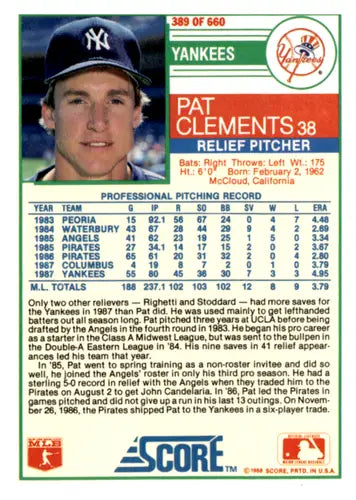 1988 Score #389 Pat Clements EX/NM Yankees ID:66740 - Baseball Card Single