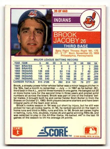 1988 Score #39 Brook Jacoby Cleveland Indians Baseball Cards EX/NM ID:58406 - Baseball Card Single