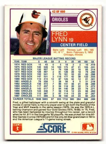 1988 Score #42 Fred Lynn Baltimore Orioles Baseball Cards EX/NM ID:58478 - Baseball Card Single