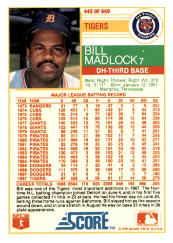 1988 Score #445 Bill Madlock EX/NM Tigers ID:66741