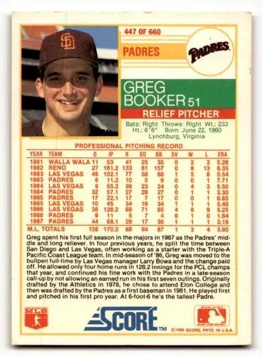1988 Score Greg Booker San Diego Padres baseball card, Booker San Diego collectibles