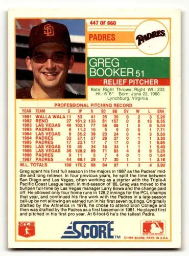 1988 Score #447 Greg Booker San Diego Padres Baseball Cards EX/NM ID:54959 - Baseball Card Single