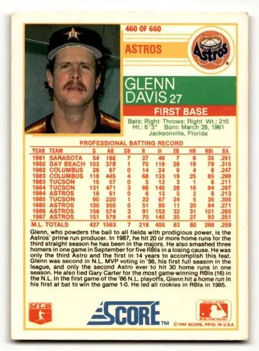 Original gloss Glenn Davis Houston baseball card from 1988 Score #460 in NM condition