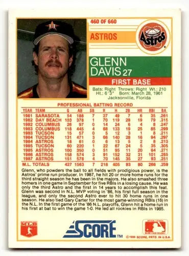Original gloss Glenn Davis Houston Astros baseball card from 1988 Score series