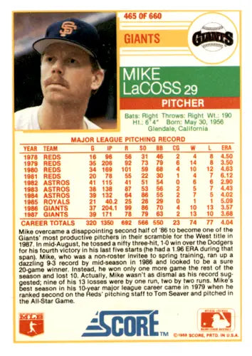 1988 Score #465 Mike LaCoss EX/NM Giants ID:66743 - Baseball Card Single