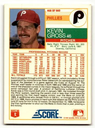 1988 Score #468 Kevin Gross Philadelphia Phillies Baseball Cards EX/ ID:54931 - Baseball Card Single