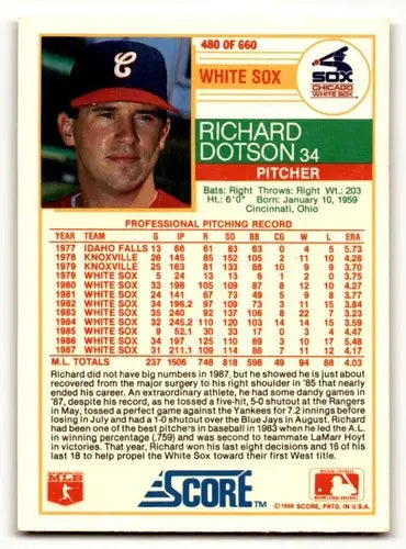 Original gloss Richard Dotson Chicago White Sox baseball card in a 1988 Score #480 set