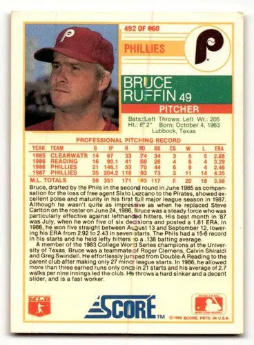 Original gloss Bruce Ruffin Philadelphia Phillies baseball card from 1988 Score #492