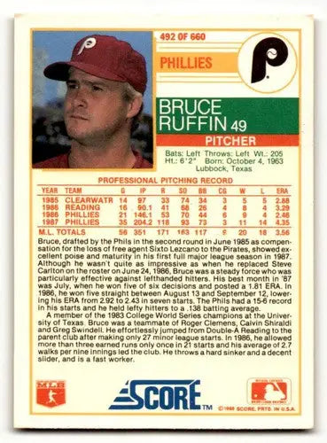Bruce Ruffin Philadelphia Phillies baseball card from 1988 Score series displayed