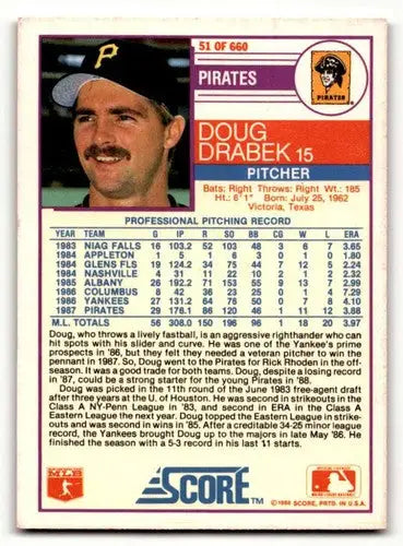 1988 Score #51 Doug Drabek Pittsburgh Pirates Baseball Cards EX/NM ID:58484