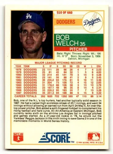 1988 Score #510 Bob Welch Los Angeles Dodgers Baseball Cards EX/NM ID:54906 - Baseball Card Single