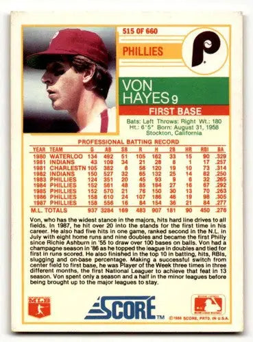 Original gloss Von Hayes Philadelphia Phillies baseball card from 1988 Score #515