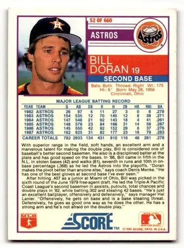 1988 Score #52 Bill Doran Houston Astros Baseball Cards EX/NM ID:58479 - Baseball Card Single