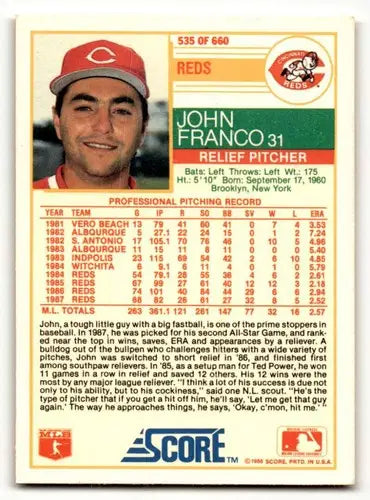 1988 Score John Franco Cincinnati Reds baseball card in excellent condition