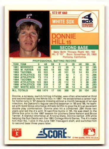 Original gloss 1988 Score Donnie Hill Chicago White Sox baseball card featuring Hill Chicago White