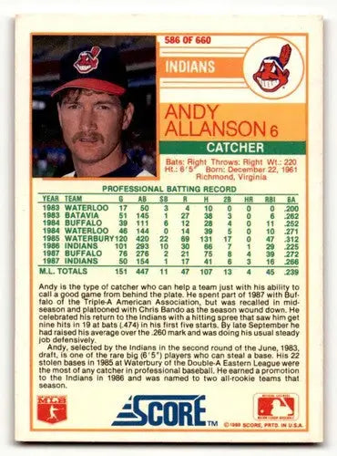 Original gloss 1988 Score Andy Allanson Cleveland Indians baseball card featuring Andy Allanson Cleveland player