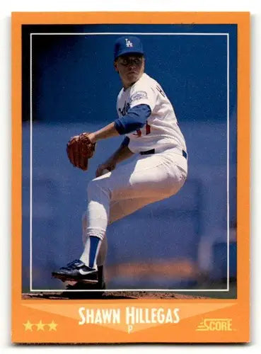 Original gloss Shawn Hillegas Los Angeles Dodgers baseball card from 1988 Score series