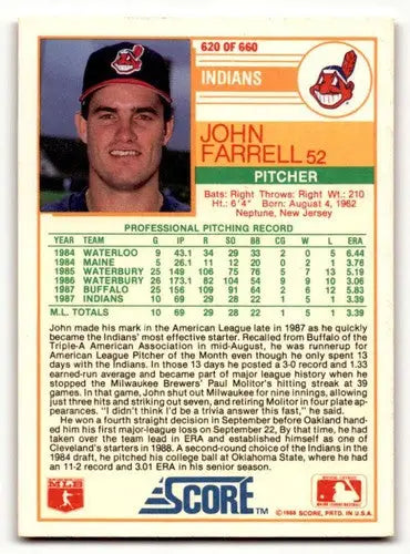 1988 Score #620 John Farrell Cleveland Indians Baseball Cards EX/NM ID:58335 - Baseball Card Single