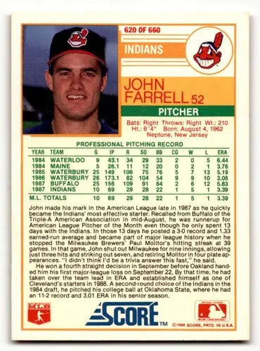 1988 Score John Farrell Cleveland Indians baseball card, EX/NM condition