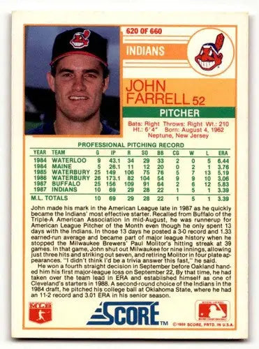 John Farrell Cleveland baseball card from 1988 Score #620, Cleveland Indians player