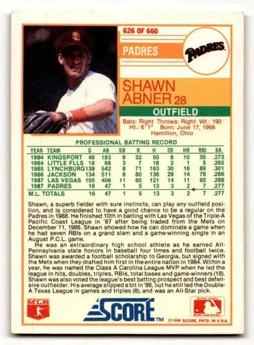 Original gloss Shawn Abner baseball card featuring Abner San Diego Padres from 1988 Score #626