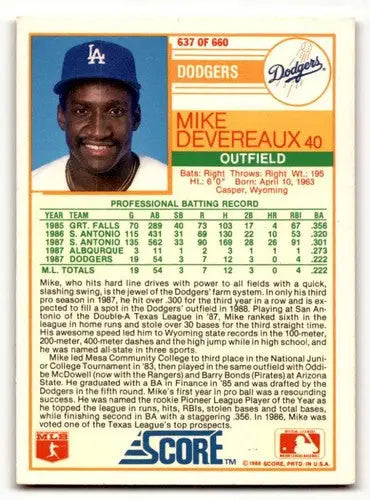 Mike Devereaux Los Angeles Dodgers baseball card from 1988 Score #637